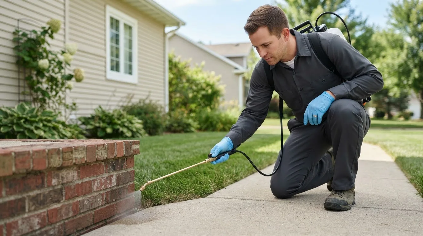 Pest control technician treating a home near Wilsonville, AL